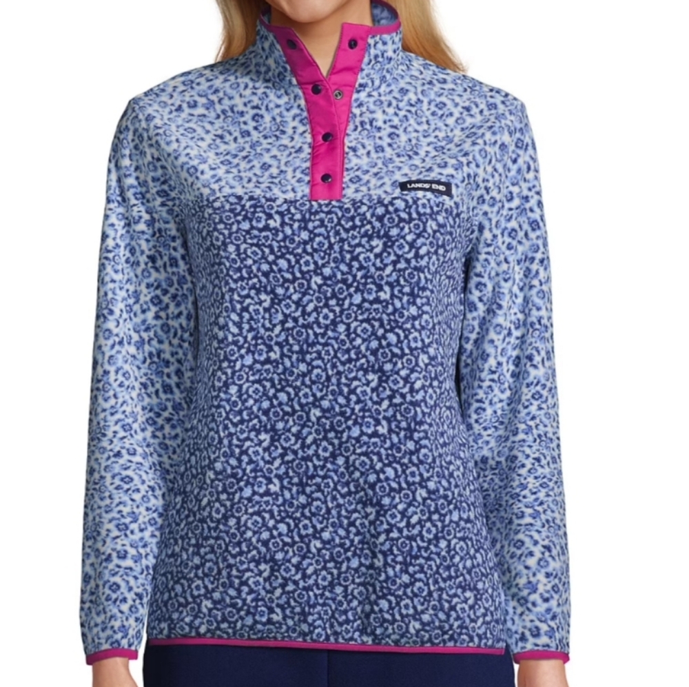 Lands Ends Fleece Two Tone Blue Animal Pattern Pink Trim Sz L 14/16